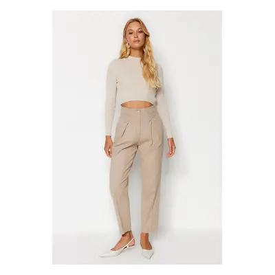 Trendyol Mink Cotton Carrot Pattern Stripe Detailed Woven Trousers