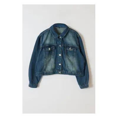 Trendyol Curve Blue Large Size Crop Denim Jacket