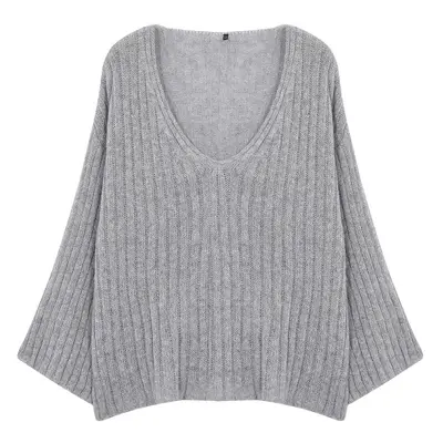 Trendyol Curve Gray V-Neck Ribbed Knitwear Sweater