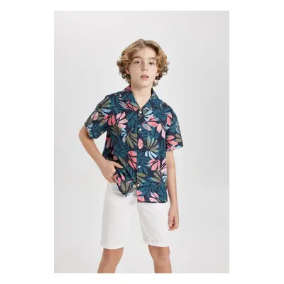 DEFACTO Boy Oversize Wide Patterned Polo Collar Linen Look Short Sleeve Shirt