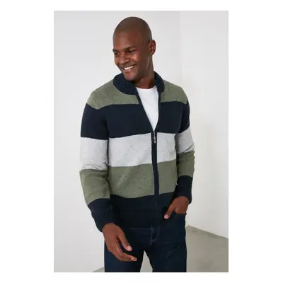 Trendyol Khaki Slim Wool Half Turtleneck Color Block Knitwear Cardigan