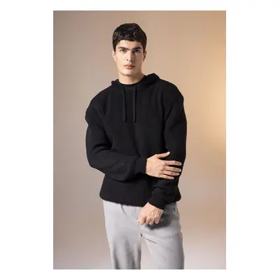 DEFACTO Black Relax Fit Hooded Basic Plain Knitwear Sweater