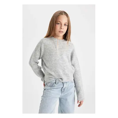 DEFACTO Girl's Gray Crew Neck Basic Plain Knitwear Sweater