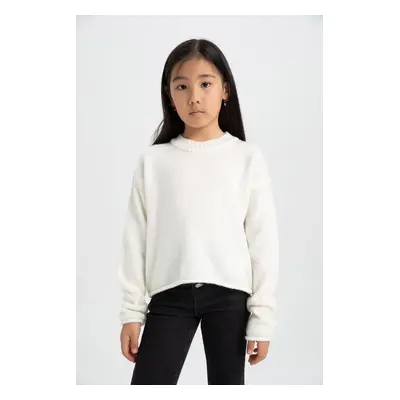 DEFACTO Girl Ecru Standard Fit Crew Neck Basic Plain Knitwear Sweater