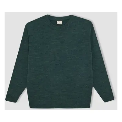 DEFACTO Boy's Khaki Crew Neck Basic Plain Knitwear Sweater