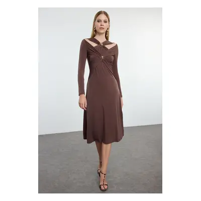 Trendyol Brown Accessory Detailed Knitted Chic Midi Evening Dress