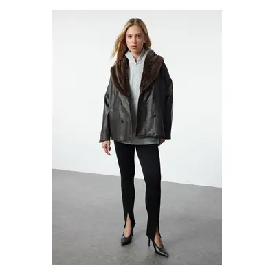 Trendyol Dark Brown Oversize Faux Leather Coat with Fur Detail on Collar