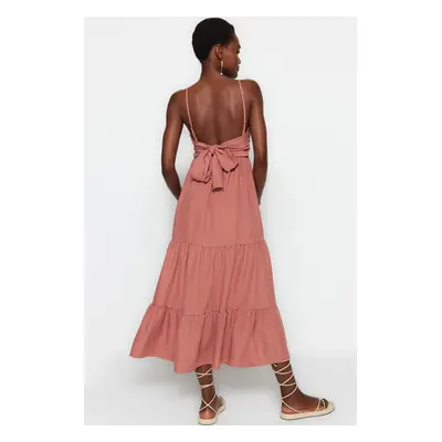 Trendyol Dusty Rose Skirt Flounced Back Tie Detail Strap Maxi Woven Dress