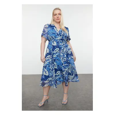 Trendyol Curve Blue Tropical Leaf Patterned Chiffon Double Breasted Woven Dress