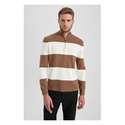 DEFACTO Standard Fit Regular Cut Striped Stand Collar Zippered Knitwear Sweater