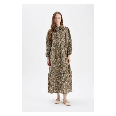 DEFACTO Bow Collar Leopard Print Buttoned Long Sleeve Maxi Dress