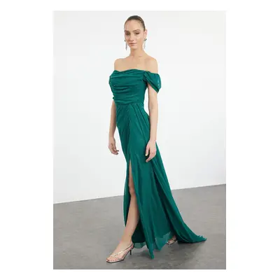 Trendyol Emerald Green Cowl Neck Woven Long Evening & Graduation Dress