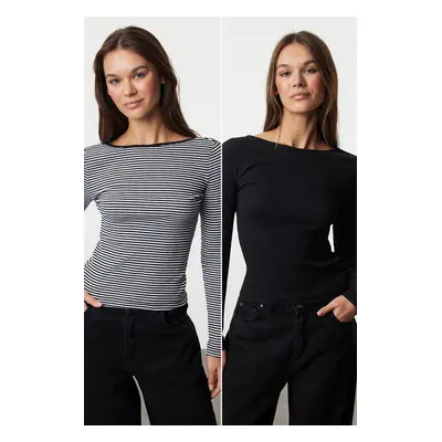 Trendyol Black Plain and Striped Fitted, Low-cut Back, Ribbed, Stretchy Knitted Blouse