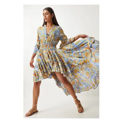 Happiness İstanbul Women's Light Blue Yellow Patterned Asymmetrical Summer Long Viscose Dress