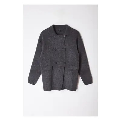 Trendyol Anthracite Midi Soft Texture Coat Look Knitwear Cardigan