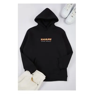 Trendyol Black Oversize/Wide Cut Text Printed Hooded Fleece Sweatshirt