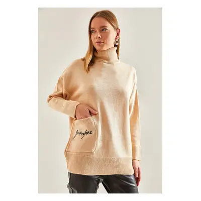 Bianco Lucci Women's Turtleneck Pocket Embroidery Embroidered Knitwear Sweater