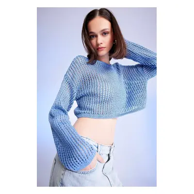 DEFACTO Regular Fit Crew Neck Crochet Openwork Crop Knitwear Sweater