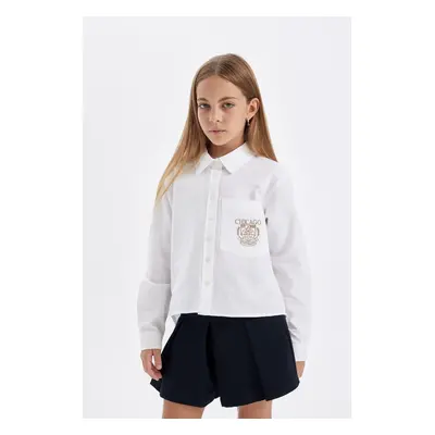 DEFACTO Girls Oversize Wide Pattern Poplin White Long Sleeve School Shirt