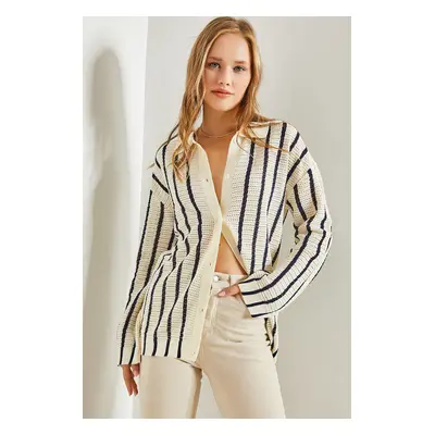 Bianco Lucci Women's Shirt Collar Long Sleeve Striped Cardigan