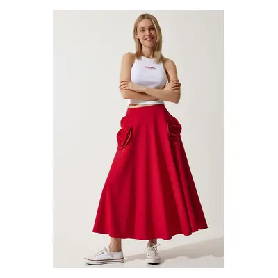 Happiness İstanbul Women's Red Rose Accessory Design Premium Midi Skirt