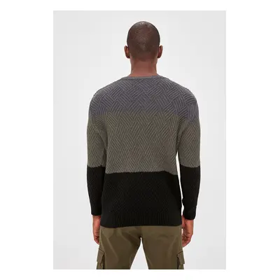 Trendyol Khaki Regular Crew Neck Color Block Knitwear Sweater