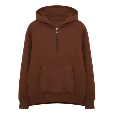 Trendyol Brown Oversize/Wide Cut Zippered Hooded Fleece Inside Basic Sweatshirt