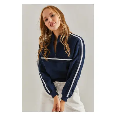 Bianco Lucci Women's Turtleneck Zipper Striped Sweatshirt