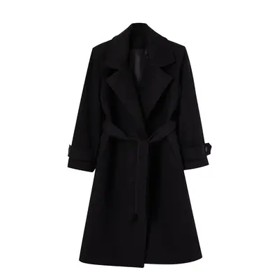 Trendyol Curve Black Regular Fit Wide Collar Detailed Long Wool Blend Cashew Coat