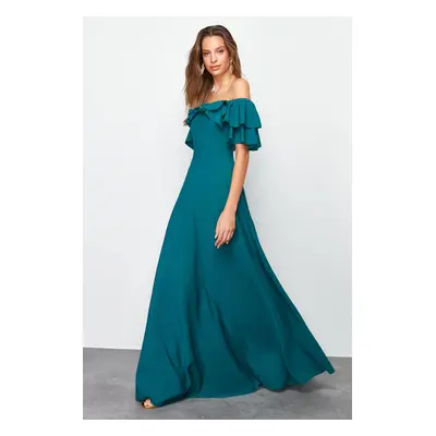 Trendyol Emerald Green A-Cut Flounce Woven Long Elegant Evening Dress