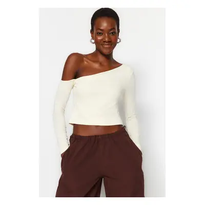 Trendyol Stone One Shoulder Cotton Stretchy Fitted Crop Knitted Blouse