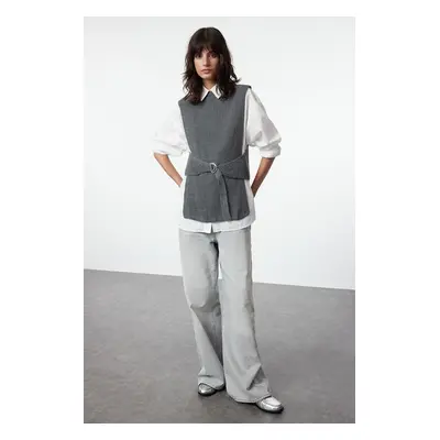 Trendyol Anthracite Belted Knitted Sweater