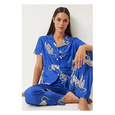 Happiness İstanbul Women's Dark Blue Patterned Shirt and Pants Knitted Pajama Set