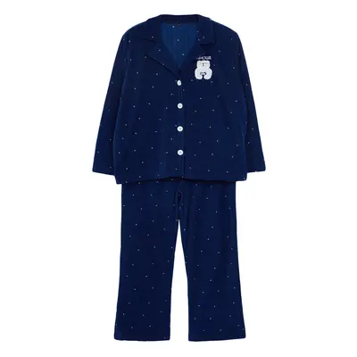 Trendyol Curve Navy Blue Polka Dot Shirt Collar Knitted Pajama Set