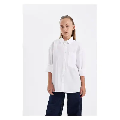 DEFACTO Girls Oversize Wide Pattern Poplin Long Sleeve White School Shirt