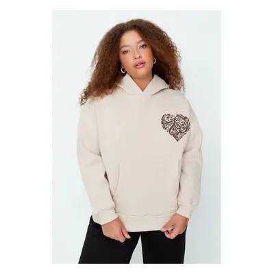 Trendyol Curve Beige Printed Hooded Thick Raised Knitted Sweatshirt