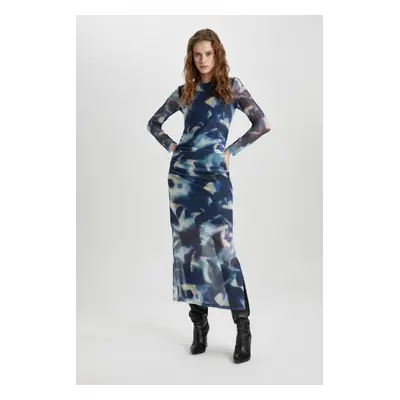 DEFACTO Bodycon Round Neck Tie Dye Tulle Midi Long Sleeve Dress