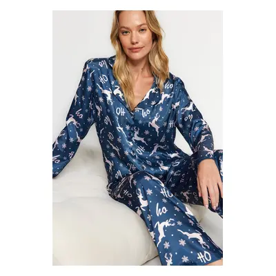 Trendyol Navy Blue-Multicolor Christmas Themed Satin Shirt-Pants Woven Pajamas Set