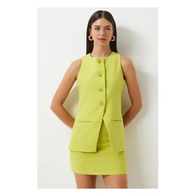 Happiness İstanbul Women's Oil Green Sleeveless Vest Mini Skirt Woven Suit