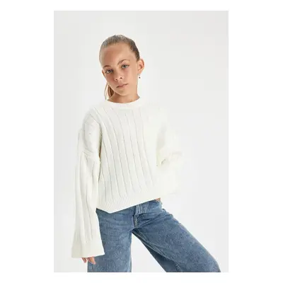 DEFACTO Girl Oversize Wide Pattern Crew Neck Basic Plain Knitwear Sweater