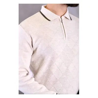 66492 Dewberry Zippered Polo Neck Knit Mens Sweater-STONE