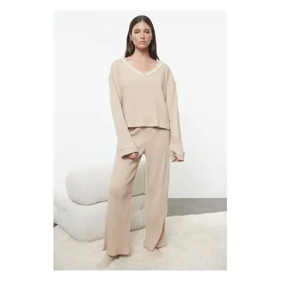 Trendyol Beige Piping Detailed Ribbed Knitted Pajama Set