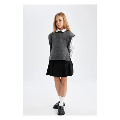 DEFACTO Girl Black Basic Buttoned Pleated Twill School Skirt