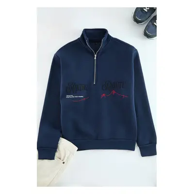 Trendyol Indigo Oversize/Wide Cut Text Embroidered Polar Fleece Inside Stand Collar Zippered Swe