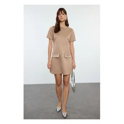 Trendyol Mink Crew Neck Stone Detailed Shift/Straight Mini Suede Knitted Dress