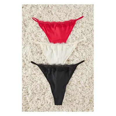 Trendyol Curve Red-Ecru-Black 3-Pack Lace Thong Micro Plus Size Panties