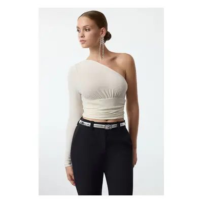 Trendyol Ecru One Shoulder Crop Glittery Knitted Blouse