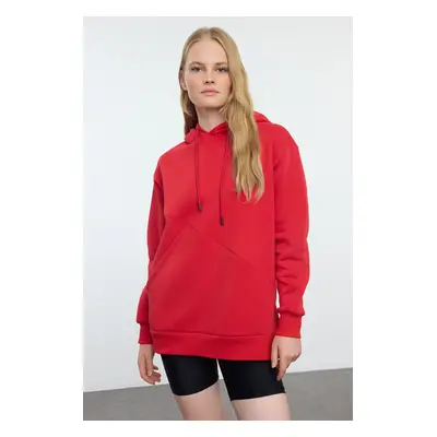 Trendyol Red Thick Polar Fleece Oversize/Wide Pattern Pocket Detailed Hooded Knitted Sweatshirt