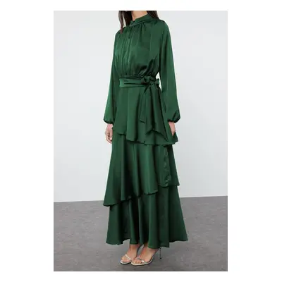 Trendyol Dark Green Skirt Tiered Satin Woven Evening Dress/Evening Dress