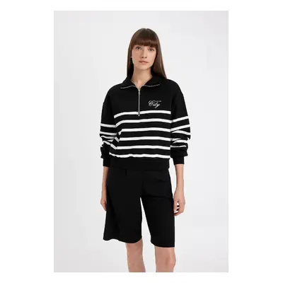 DEFACTO Regular Fit Half Zipper Stand Collar Striped Thick Sweatshirt